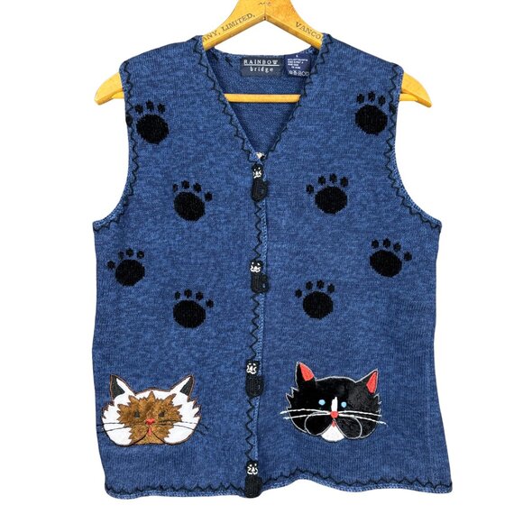 Vintage 90s Cat Knit Sweater Vest Small Rainbow Bridge Blue Sleeveless - Picture 1 of 7
